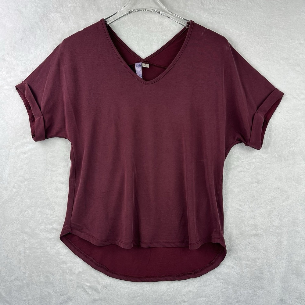Alya Womens Deep Red Short Sleeve Blouse Sm Dressy Soft T Shirt Hi Low